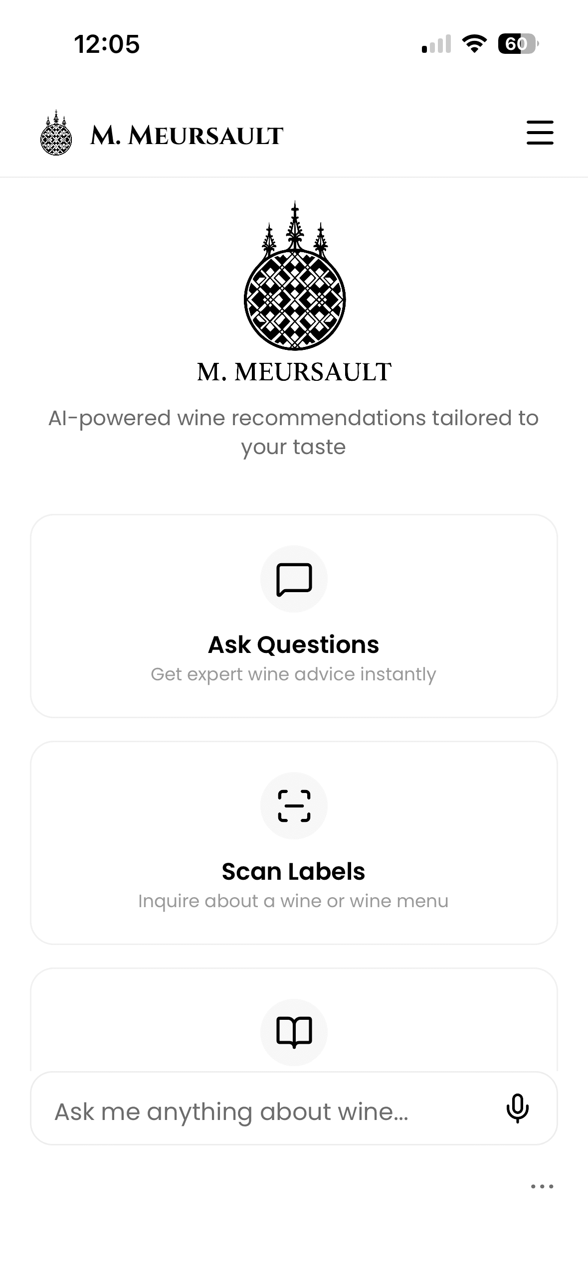 Monsieur Meursault iPhone app home screen with Ask Questions, Scan Labels, and a chat input