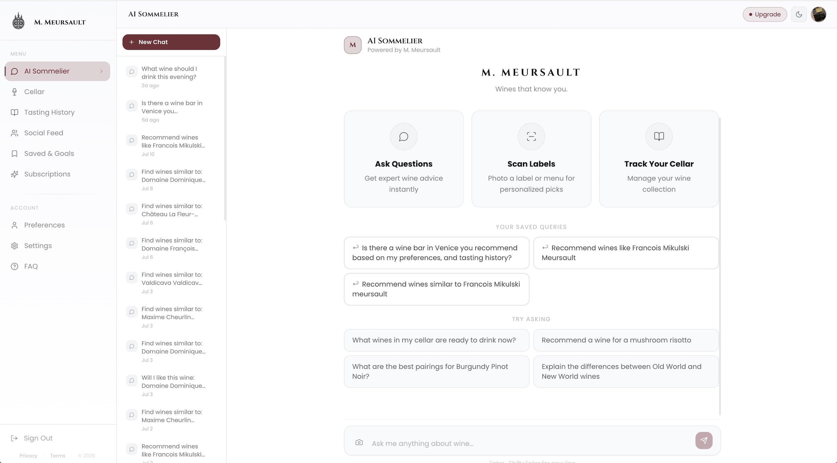 Monsieur Meursault AI Sommelier web app with Ask Questions, Scan Labels, and Track Your Cellar