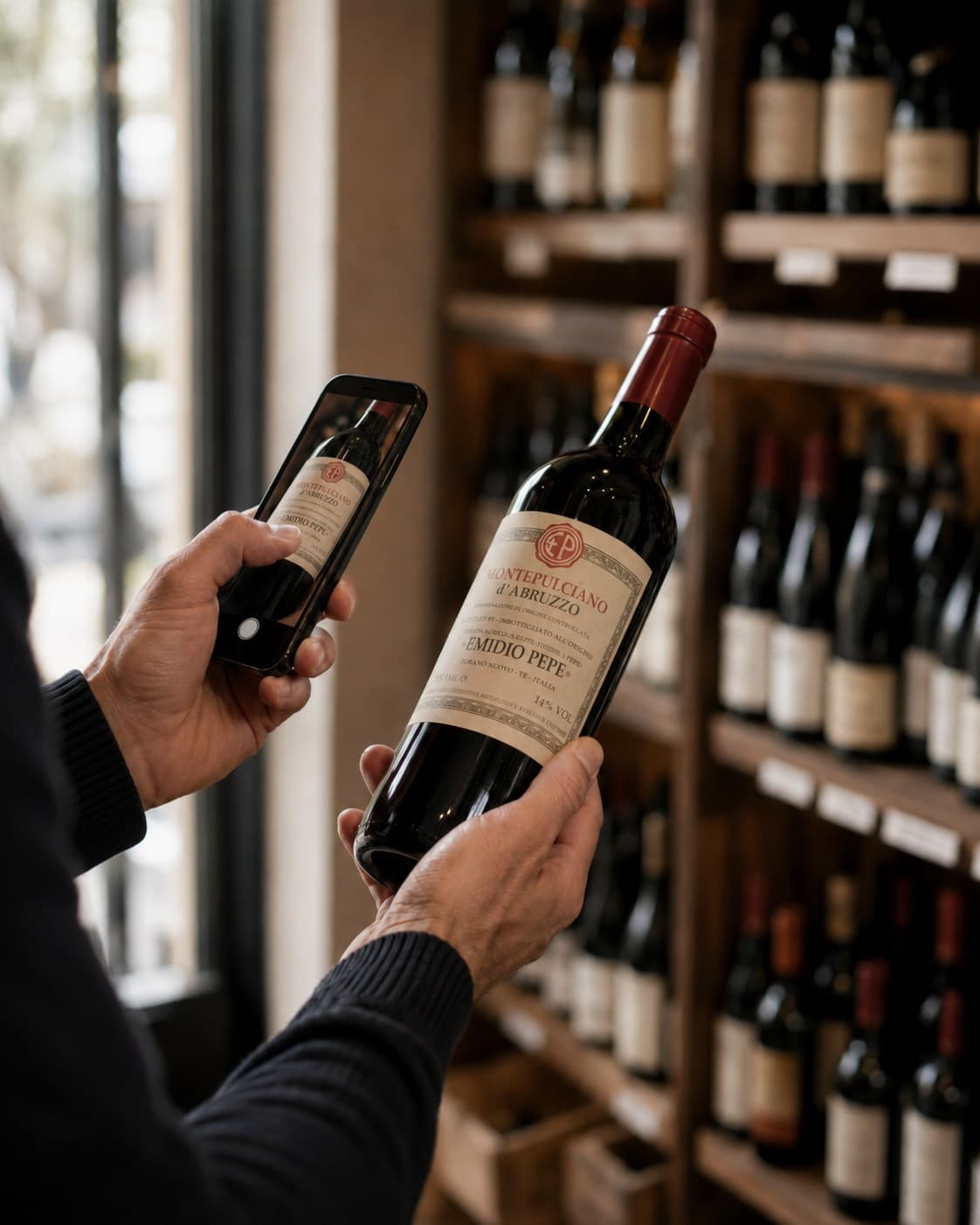 Photographing a wine label in a wine shop with the Monsieur Meursault app