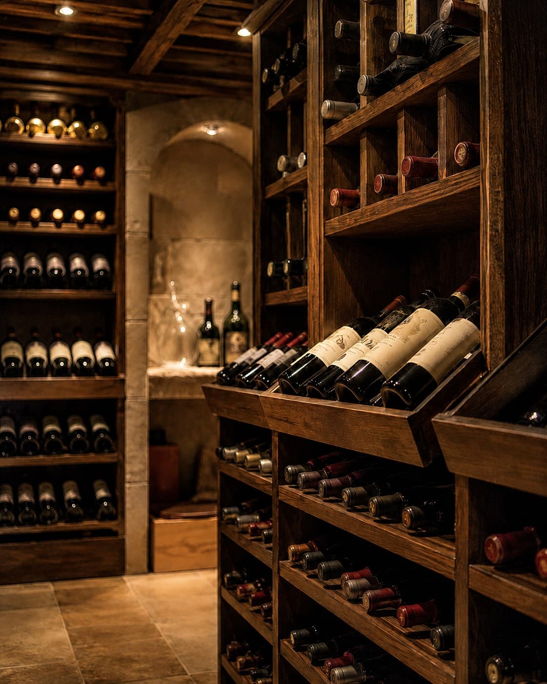 Wine bottles stored on wooden racks in a private cellar